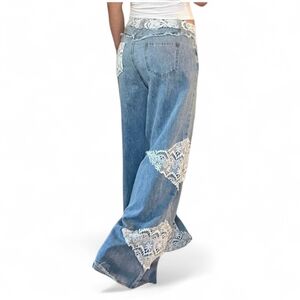 POL Women's Light Blue Denim Wide-Leg Jeans with White Lace Trim